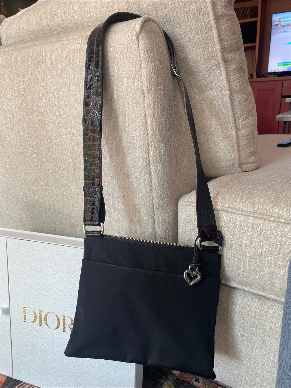 Brighton Brown Croc Embossed Crossbody Adjustable Bag With Silver Heart